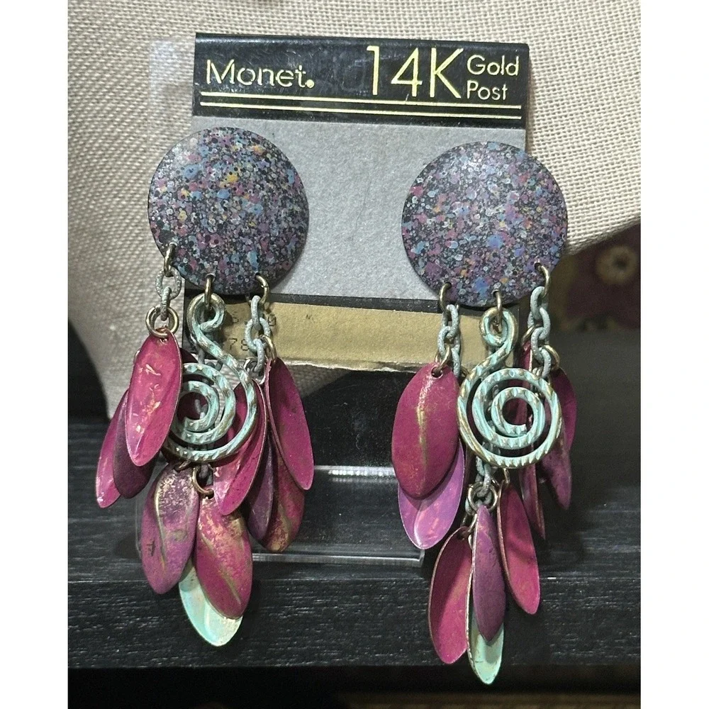 Monet Post Colorful Purple Enamel Dangle Earrings‎ with Textured Disc and Spiral